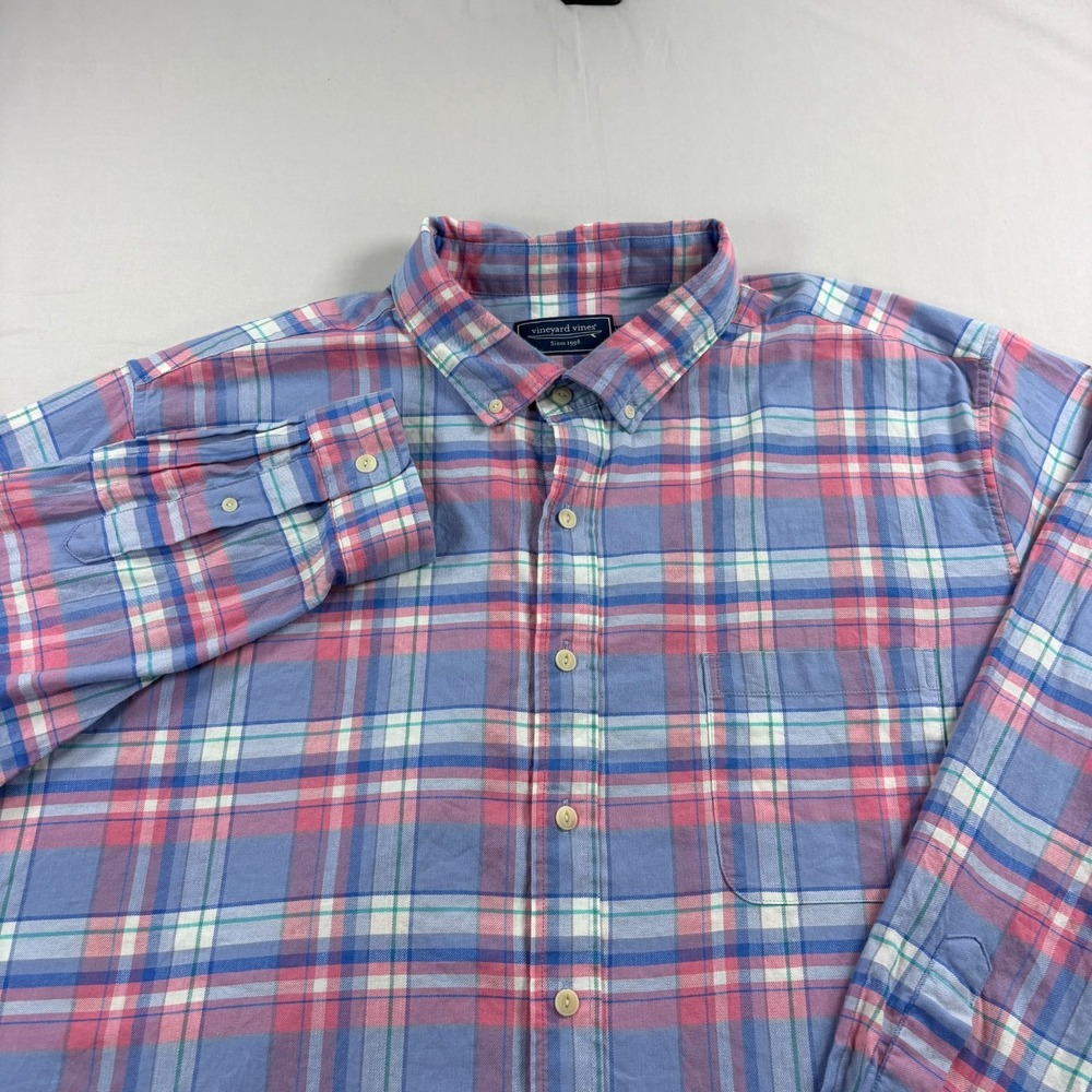 Vineyard Vines Shirt Mens 3XB Big Blue Pink Plaid Button Up Lightweight Flannel